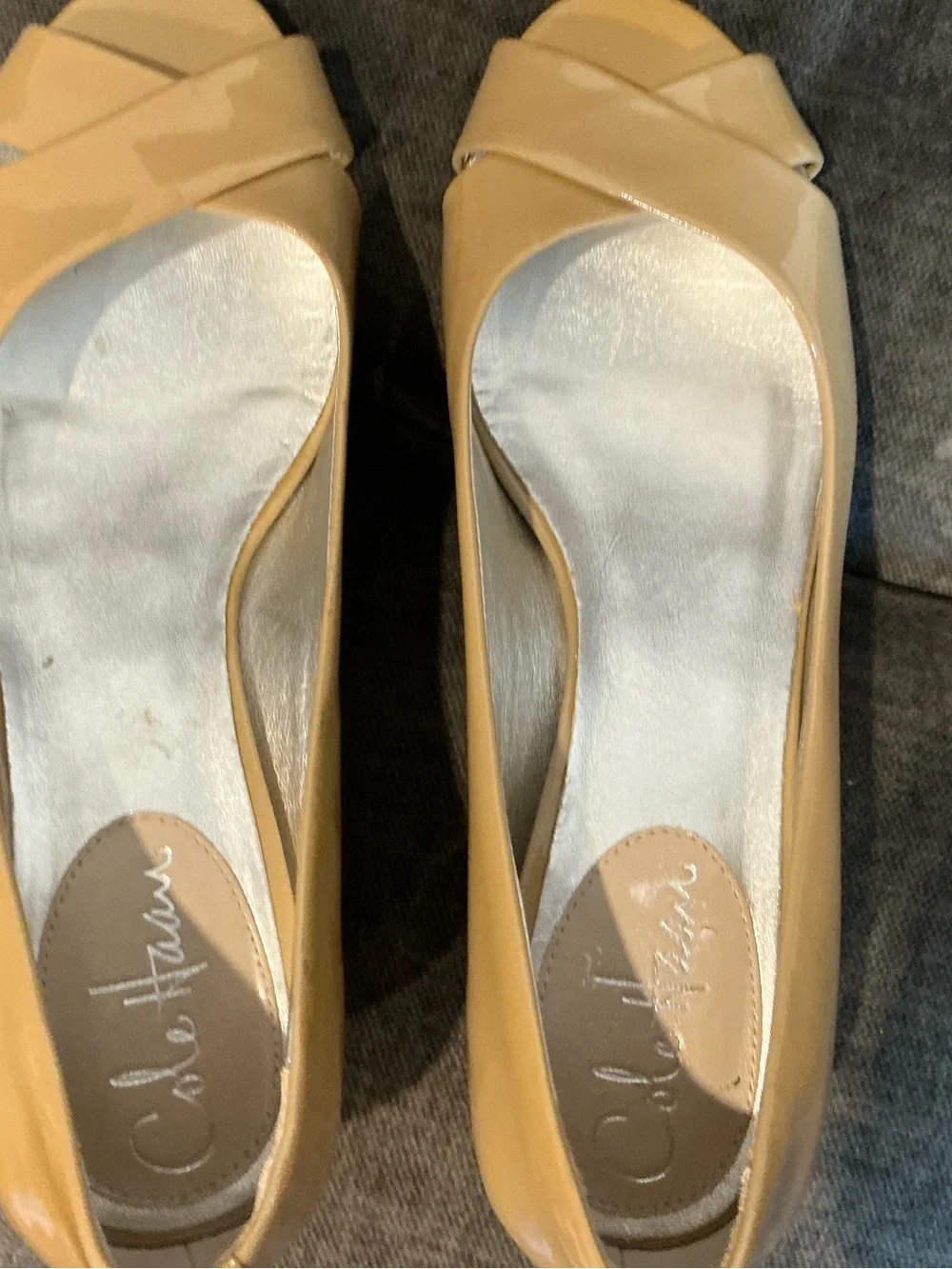Cole Haan Beige Patent Peep-Toe Heels
